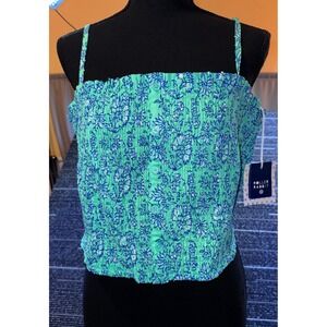 Roller Rabbit Tank Top Womens XXL Aqua Blue Floral NEW Smocked Cotton Boho